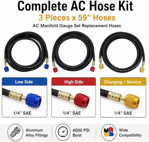 طقم خرطوم قياس مشعب التيار المتردد مكون من 3 قطع - خراطيم التدفئة والتهوية وتكييف الهواء (HVAC)، مجموعة خرطوم تيار متردد مقاس 59 بوصة، خراطيم تبريد، خرطوم إعادة شحن التيار المتردد مع 1/4 بوصة SAE لـ R410A R32 R134a، خرطوم مشعب لصيانة تكييف الهواء بالمنزل  in Kuwait