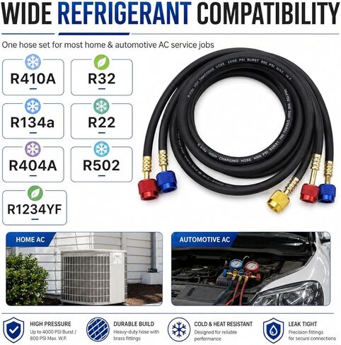 طقم خرطوم قياس مشعب التيار المتردد مكون من 3 قطع - خراطيم التدفئة والتهوية وتكييف الهواء (HVAC)، مجموعة خرطوم تيار متردد مقاس 59 بوصة، خراطيم تبريد، خرطوم إعادة شحن التيار المتردد مع 1/4 بوصة SAE لـ R410A R32 R134a، خرطوم مشعب لصيانة تكييف الهواء بالمنزل  in Kuwait