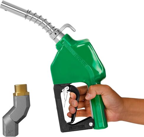3/4" NPT Automatic Fuel Nozzle with Hook, Gas Pump Handle Fuel Nozzle with 3-speed Padlock (9-16 GPM) for Gasoline, Diesel, Biodiesel up to B20, E15 & Kerosene (Green) in Kuwait