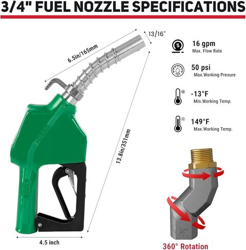 3/4" NPT Automatic Fuel Nozzle with Hook, Gas Pump Handle Fuel Nozzle with 3-speed Padlock (9-16 GPM) for Gasoline, Diesel, Biodiesel up to B20, E15 & Kerosene (Green) in Kuwait