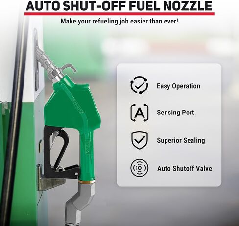 3/4" NPT Automatic Fuel Nozzle with Hook, Gas Pump Handle Fuel Nozzle with 3-speed Padlock (9-16 GPM) for Gasoline, Diesel, Biodiesel up to B20, E15 & Kerosene (Green) in Kuwait