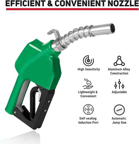 3/4" NPT Automatic Fuel Nozzle with Hook, Gas Pump Handle Fuel Nozzle with 3-speed Padlock (9-16 GPM) for Gasoline, Diesel, Biodiesel up to B20, E15 & Kerosene (Green) in Kuwait