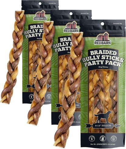 Redbarn Pet Products All Natural 8-12" Braided Bully Sticks for Medium & Large Dogs - Healthy Long Lasting Beef Chews Variety Party Pack - Single Ingredient Low Odor Rawhide Free - 1 lb Bag in Kuwait