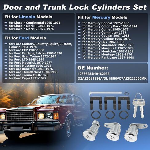 Left Right Side Door Lock Cylinder and Trunk Lock Cylinder with Key Set Replacement for Ford Maverick 1970-1977 for Mustang 1966-1973, for Lincoln for Mercury 12336284/19162033 in Kuwait