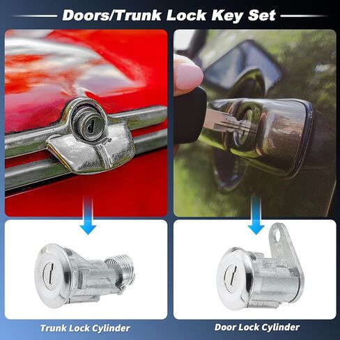 Left Right Side Door Lock Cylinder and Trunk Lock Cylinder with Key Set Replacement for Ford Maverick 1970-1977 for Mustang 1966-1973, for Lincoln for Mercury 12336284/19162033 in Kuwait