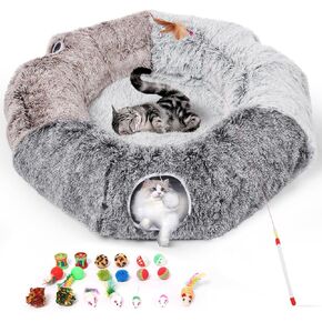 Cat Tunnel Bed with Soft Central Cat Couch and 20 Cat Toys, Big Tube Pet Tunnels with Hanging Balls, Cat Donut Tunnel and Variety Kitty Toy Set for Chewing Playing Indoor in Kuwait