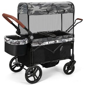 ELEMARA All-Terrain Stroller Wagon for 2 Kids, Foldable Kids Wagon Stroller Includes Removable Canopy,Mosquito net, Adjustable Push＆Pull Handle,Snack Tray & Cup Holders, Storage Basket, Black+White in Kuwait