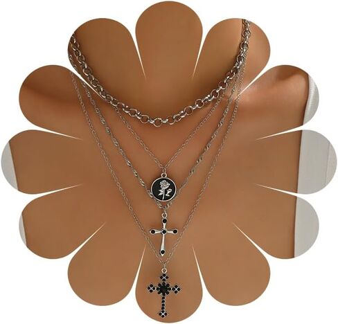 Cross Necklace for Women Gold Long Chain Layered Cross Crystal Pendant Statement Necklace Summer Beach Boho Jewelry in Saudi Arabia