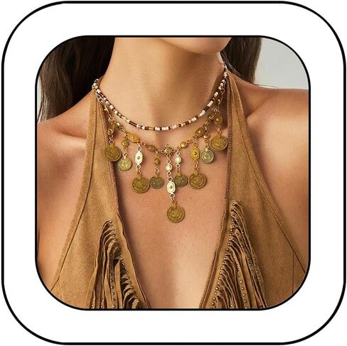 Boho Coin Charm Necklace for Women Layered Gold Coin Beaded Pendant Necklace Pirate Necklace Chunky Coins Tassel Ethnic Gypsy Costume Accessories in Saudi Arabia