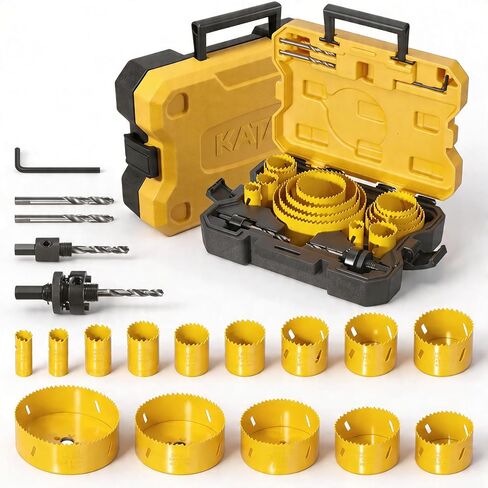 KATA Bi-Metal Hole Saw Kit, 19 Pieces High Speed Steel Hole Saw Set with 3/4" -4-3/4" (19-121mm) 14PCS Hole Saw Blades in Case with Mandrels, Drill Bit, Hex Key for Thin Metal, Hard Wood, Drywall in Saudi Arabia