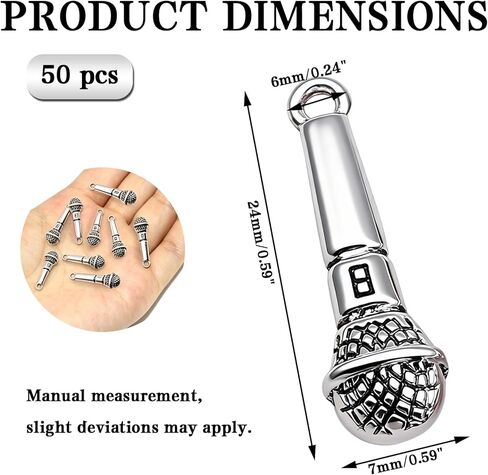 سحر الميكروفون، 50 قطعة من إكسسوارات تزيين القلائد DIY ذات موضوع الموسيقى لقلادة وسوار وأقراط وسلسلة مفاتيح وسترة وسحاب وخلخال مجوهرات مصنوعة يدويًا (فضي) in Saudi Arabia