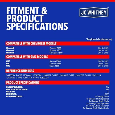مجموعة سلسلة توقيت المحرك JC Whitney JFBAJCWTCK00035 مع شداد - تناسب OHV V6 4.3L - متوافقة مع شيفروليه سيلفرادو 1500 14-21، Express 2500 3500 18-21، GMC Sierra 1500 14-21، Savana 2500 in Kuwait