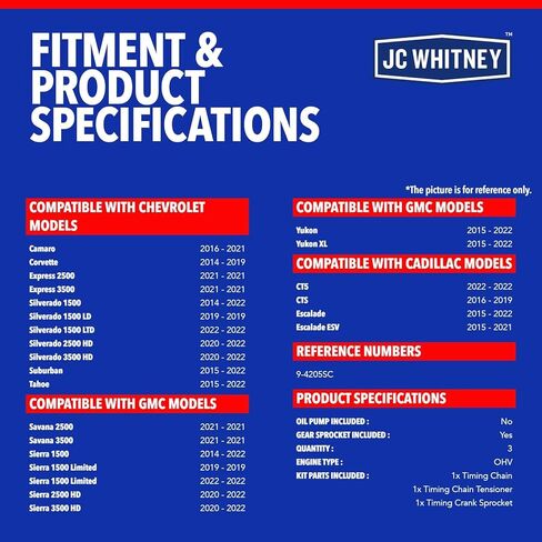 مجموعة سلسلة توقيت المحرك JC Whitney JFBAJCWTCK00009 مع شداد - تناسب OHV V8 6.2L 6.6L 5.3L - متوافقة مع شيفروليه سيلفرادو 1500 14-22، 2500 HD 20-22، تاهو 15-22، جي إم سي سييرا 1500 14-22 in Kuwait