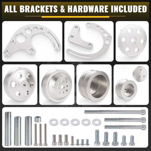 Chevy Small Block Serpentine Conversion Kit, Polished Billet Aluminum Pulleys & Brackets, 8 Rib Serpentine System for Long Water Pump, Compatible with SBC 283 302 305 327 350 400 Engines in Kuwait