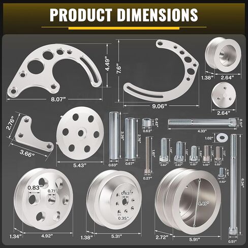 Chevy Small Block Serpentine Conversion Kit, Polished Billet Aluminum Pulleys & Brackets, 8 Rib Serpentine System for Long Water Pump, Compatible with SBC 283 302 305 327 350 400 Engines in Kuwait