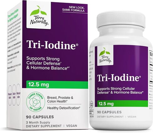 Terry Naturally Tri-Iodine 12.5 mg - 12500 mcg Iodine, 180 Vegan Capsules - Supports Hormone Balance, Promotes Breast & Prostate Health - Non-GMO, Gluten-Free, Kosher - 180 Servings in Saudi Arabia