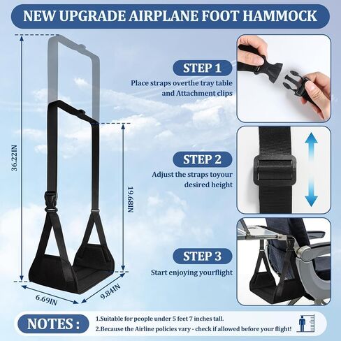 Airplane Foot Hammock, Travel Essentials Thickened Bamboo Foot Rest for Plane Travel with Adjustment Strap, Long Flight Must Haves (1-pcs Black) in Kuwait