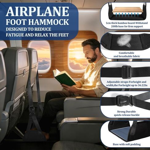 Airplane Foot Hammock, Travel Essentials Thickened Bamboo Foot Rest for Plane Travel with Adjustment Strap, Long Flight Must Haves (1-pcs Black) in Kuwait