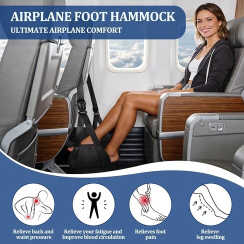 Airplane Foot Hammock, Travel Essentials Thickened Bamboo Foot Rest for Plane Travel with Adjustment Strap, Long Flight Must Haves (1-pcs Black) in Kuwait