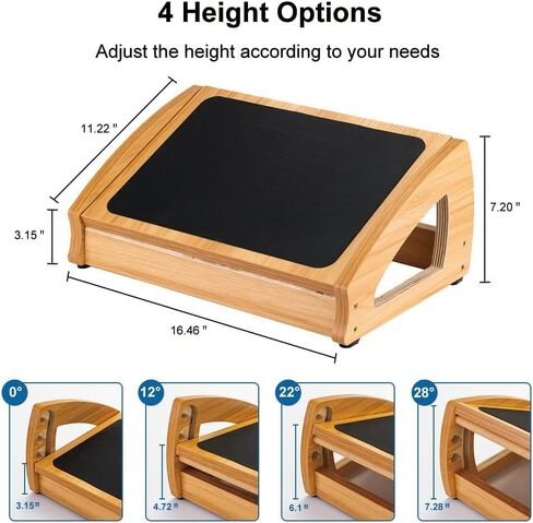 StrongTek Ergonomic Under Desk Footrest, 3 Adjustable Heights Wooden Office Footrest, Large Anti-Slip Surface, Improves Posture and Blood Circulation, up to 400lbs (Natural) in Kuwait