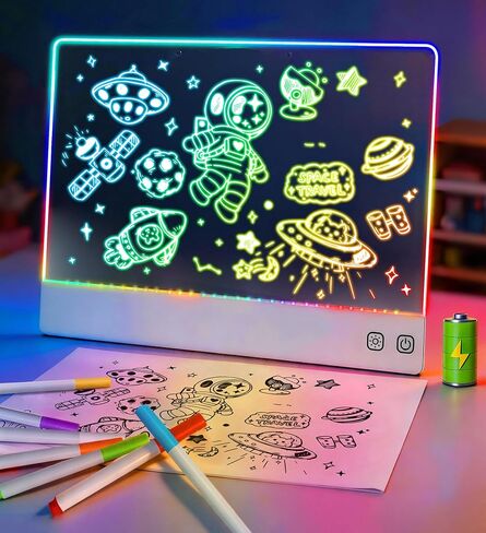 لوحة رسم LED قابلة لإعادة الشحن مقاس 16 بوصة مع 7 ألوان ضوئية و6 أوضاع ديناميكية، لوحة رسم مضيئة للمسح الجاف بفن النيون، لعبة رسم هدية للأطفال/الفتيات/المراهقين in Kuwait