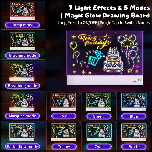 لوحة رسم LED قابلة لإعادة الشحن مقاس 16 بوصة مع 7 ألوان ضوئية و6 أوضاع ديناميكية، لوحة رسم مضيئة للمسح الجاف بفن النيون، لعبة رسم هدية للأطفال/الفتيات/المراهقين in Kuwait