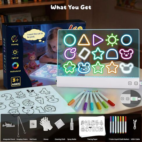 لوحة رسم LED قابلة لإعادة الشحن مقاس 16 بوصة مع 7 ألوان ضوئية و6 أوضاع ديناميكية، لوحة رسم مضيئة للمسح الجاف بفن النيون، لعبة رسم هدية للأطفال/الفتيات/المراهقين in Kuwait