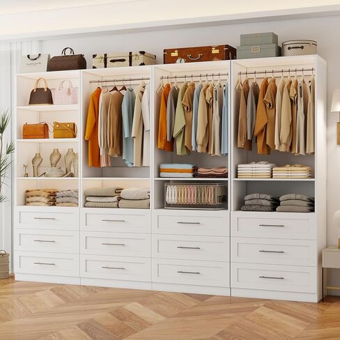 Closet System with 12 Drawers, 8FT-21FT Wood Closet Organizer System, Walk-in Closet for Closet System with Shelves, Modular Closet Storage Systems with 7 Expandable Hanging Rods, 4 Sets in Kuwait