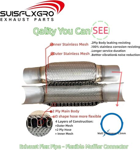 Exhaust Flex Pipe Universal Type 100% Stainless Steel For Heavy Duty and Cars (1 PC, 2.5X8X12 Clamps) in Saudi Arabia