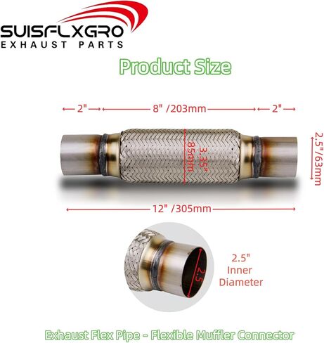 Exhaust Flex Pipe Universal Type 100% Stainless Steel For Heavy Duty and Cars (1 PC, 2.5X8X12 Clamps) in Saudi Arabia