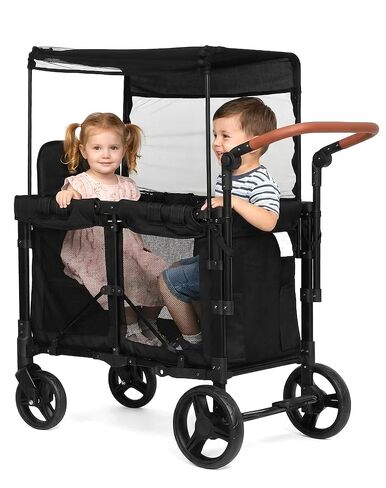 CAtArt Upgrade Wagon Stroller for 2 Kids, Double Seater Push Stroller with Canopy & Ventilation Mesh | Push Pull Wagon for Kids with Removable Seat Pads, One-Hand Fold & Large Storage (Black) in Kuwait