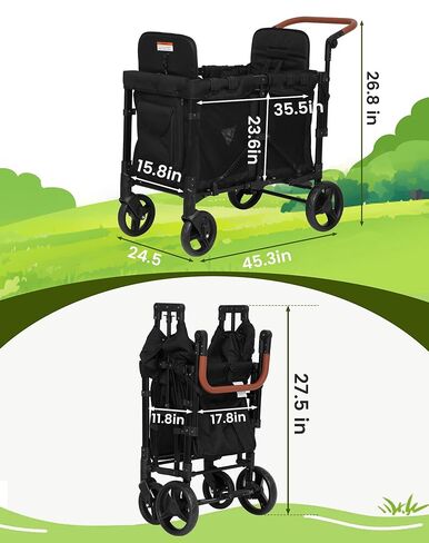 CAtArt Upgrade Wagon Stroller for 2 Kids, Double Seater Push Stroller with Canopy & Ventilation Mesh | Push Pull Wagon for Kids with Removable Seat Pads, One-Hand Fold & Large Storage (Black) in Kuwait
