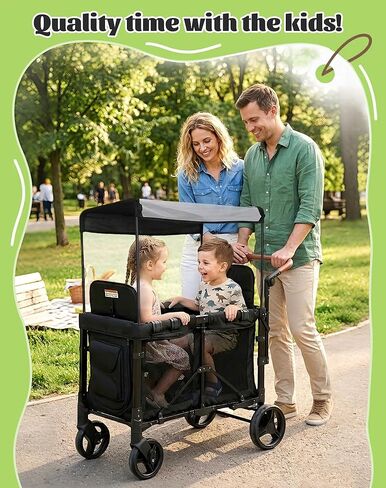 CAtArt Upgrade Wagon Stroller for 2 Kids, Double Seater Push Stroller with Canopy & Ventilation Mesh | Push Pull Wagon for Kids with Removable Seat Pads, One-Hand Fold & Large Storage (Black) in Kuwait