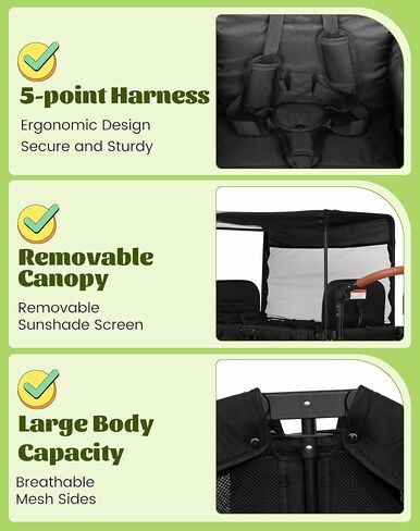 CAtArt Upgrade Wagon Stroller for 2 Kids, Double Seater Push Stroller with Canopy & Ventilation Mesh | Push Pull Wagon for Kids with Removable Seat Pads, One-Hand Fold & Large Storage (Black) in Kuwait