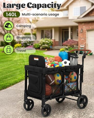 CAtArt Upgrade Wagon Stroller for 2 Kids, Double Seater Push Stroller with Canopy & Ventilation Mesh | Push Pull Wagon for Kids with Removable Seat Pads, One-Hand Fold & Large Storage (Black) in Kuwait