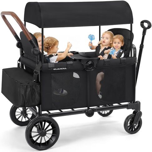 ELEMARA Wagon Stroller 4 Seater, Premium Stroller Wagon for 4 Kids, Foldable All-Terrain Wagon for Kids with Canopy, Adjustable Push/Pull Handles,Convertible High Seat&Organizer, Black in Kuwait