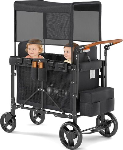 Wagon Stroller Outdoor for 2 Kids - Double Toddlers Stroller with Canopy & Removable Seat Pads, 2 Seater Push Pull Wagon One-Hand Fold, Shock-Absorbent Wheels & Safety Harness, Black in Kuwait