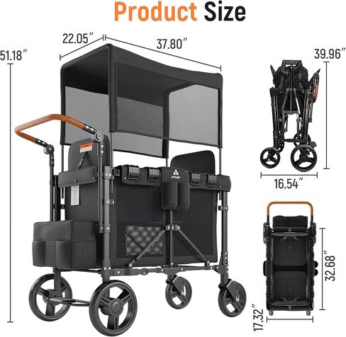 Wagon Stroller Outdoor for 2 Kids - Double Toddlers Stroller with Canopy & Removable Seat Pads, 2 Seater Push Pull Wagon One-Hand Fold, Shock-Absorbent Wheels & Safety Harness, Black in Kuwait