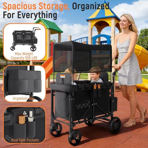 Wagon Stroller Outdoor for 2 Kids - Double Toddlers Stroller with Canopy & Removable Seat Pads, 2 Seater Push Pull Wagon One-Hand Fold, Shock-Absorbent Wheels & Safety Harness, Black in Kuwait