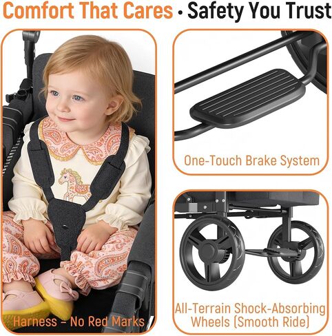 Wagon Stroller Outdoor for 2 Kids - Double Toddlers Stroller with Canopy & Removable Seat Pads, 2 Seater Push Pull Wagon One-Hand Fold, Shock-Absorbent Wheels & Safety Harness, Black in Kuwait