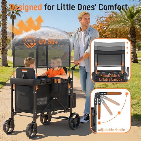 Wagon Stroller Outdoor for 2 Kids - Double Toddlers Stroller with Canopy & Removable Seat Pads, 2 Seater Push Pull Wagon One-Hand Fold, Shock-Absorbent Wheels & Safety Harness, Black in Kuwait