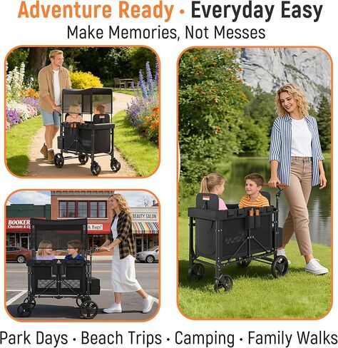 Wagon Stroller Outdoor for 2 Kids - Double Toddlers Stroller with Canopy & Removable Seat Pads, 2 Seater Push Pull Wagon One-Hand Fold, Shock-Absorbent Wheels & Safety Harness, Black in Kuwait