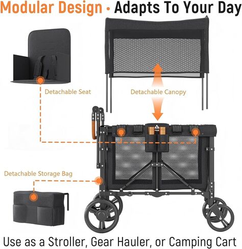 Wagon Stroller Outdoor for 2 Kids - Double Toddlers Stroller with Canopy & Removable Seat Pads, 2 Seater Push Pull Wagon One-Hand Fold, Shock-Absorbent Wheels & Safety Harness, Black in Kuwait