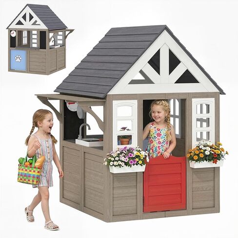 Qaba Outdoor Playhouse, Wooden Kids Playhouse with Dog Door, Kids Cottage with Flower Box, Cookware & Window for Backyard Garden, Indoor Playroom Imaginative Play for Ages 2+, Gray in Kuwait