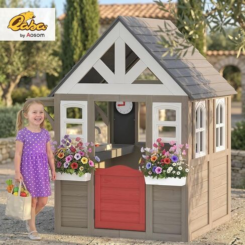 Qaba Outdoor Playhouse, Wooden Kids Playhouse with Dog Door, Kids Cottage with Flower Box, Cookware & Window for Backyard Garden, Indoor Playroom Imaginative Play for Ages 2+, Gray in Kuwait