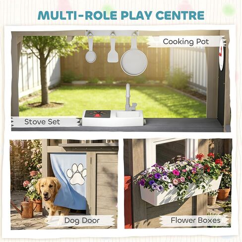 Qaba Outdoor Playhouse, Wooden Kids Playhouse with Dog Door, Kids Cottage with Flower Box, Cookware & Window for Backyard Garden, Indoor Playroom Imaginative Play for Ages 2+, Gray in Kuwait
