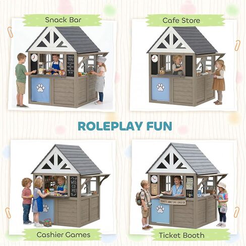 Qaba Outdoor Playhouse, Wooden Kids Playhouse with Dog Door, Kids Cottage with Flower Box, Cookware & Window for Backyard Garden, Indoor Playroom Imaginative Play for Ages 2+, Gray in Kuwait