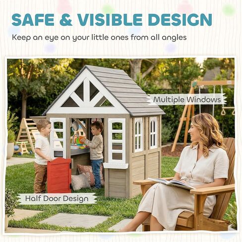 Qaba Outdoor Playhouse, Wooden Kids Playhouse with Dog Door, Kids Cottage with Flower Box, Cookware & Window for Backyard Garden, Indoor Playroom Imaginative Play for Ages 2+, Gray in Kuwait
