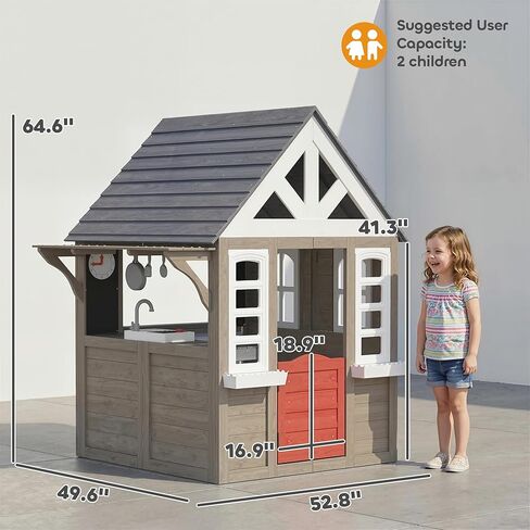 Qaba Outdoor Playhouse, Wooden Kids Playhouse with Dog Door, Kids Cottage with Flower Box, Cookware & Window for Backyard Garden, Indoor Playroom Imaginative Play for Ages 2+, Gray in Kuwait