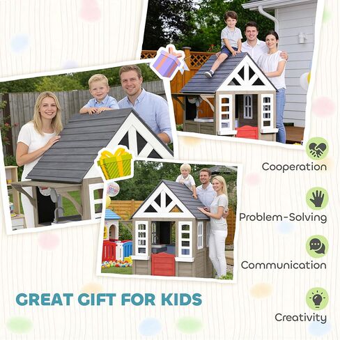 Qaba Outdoor Playhouse, Wooden Kids Playhouse with Dog Door, Kids Cottage with Flower Box, Cookware & Window for Backyard Garden, Indoor Playroom Imaginative Play for Ages 2+, Gray in Kuwait